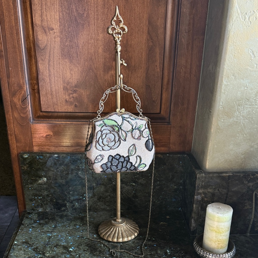 Floral Embroidered Handbag with Chain - Black, Green, White